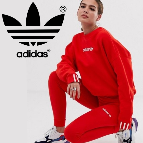 Adidas Originals❤Coeeze❤Red Fleece Sweatshirt Top| X3 Stripes Cuff - Picture 3 of 10